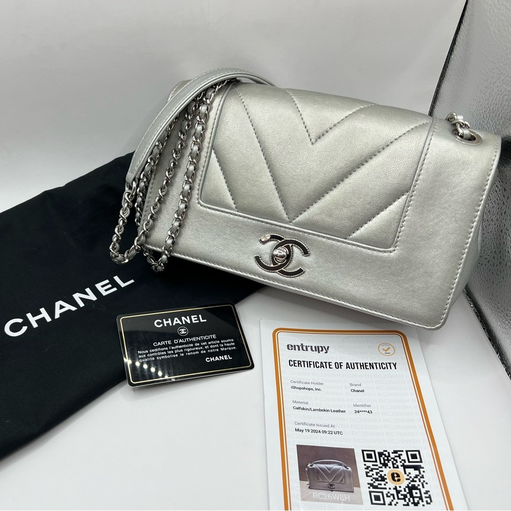SOLD Chanel Mademoiselle Silver Flap Bag Chevron Sheepskin Small